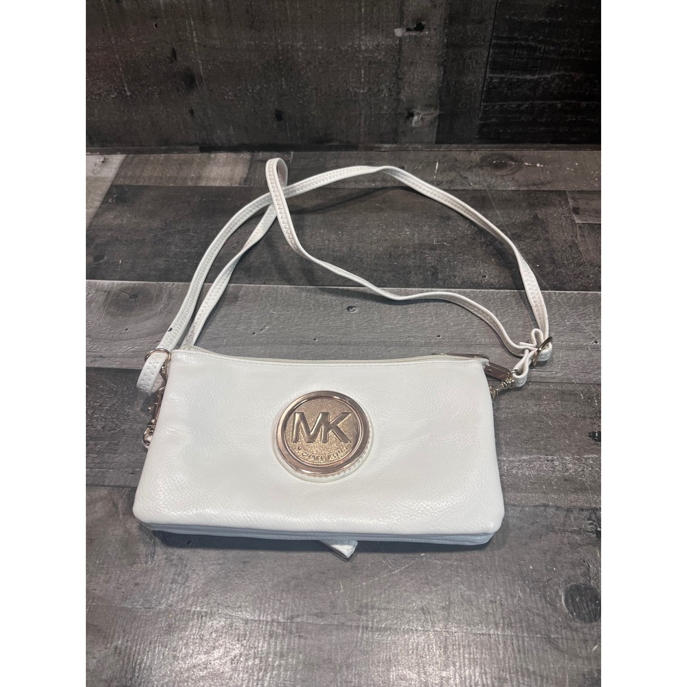 Michael Kors White Pebbled Leather Crossbody Bag Gold MK Logo Triple Compartment
